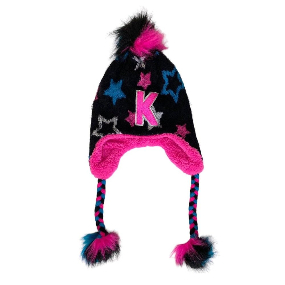 Justice Girl’s Letter K One Size Pom Pom Hat Sherpa Lined Stars‎ Black Blue Pink